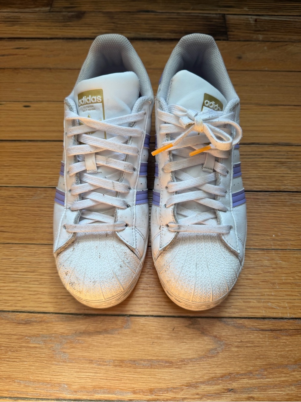 adidas unisex  White Sneakers with Purple Stripes and Gold Tongue Labels